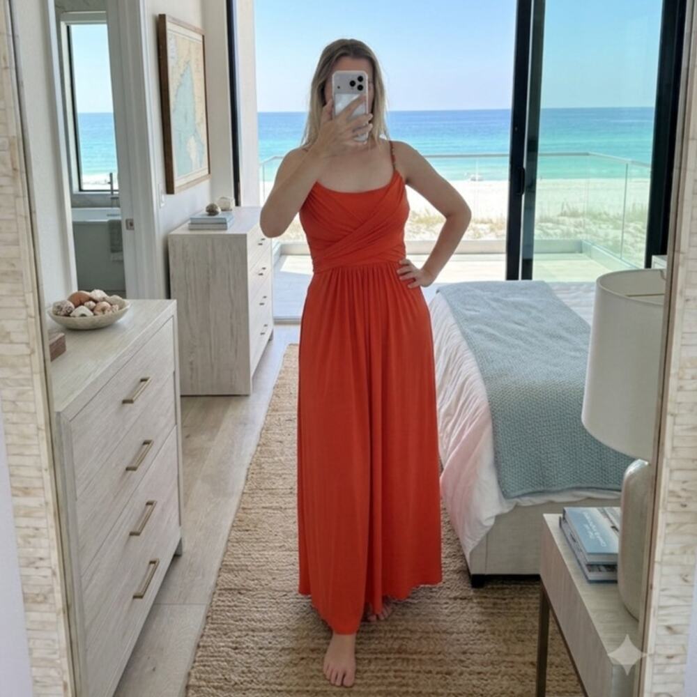 Lauren Ralph Lauren Vibrant Orange Ruched Beaded Strap Maxi Dress Size 6